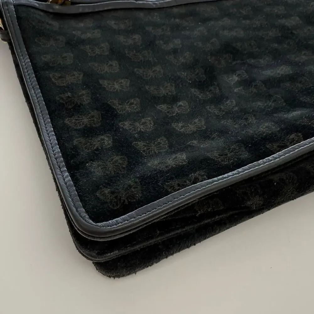 Bottega Veneta Vintage Suede Shoulder Bag Envelope Clutch Black Butterfly Print